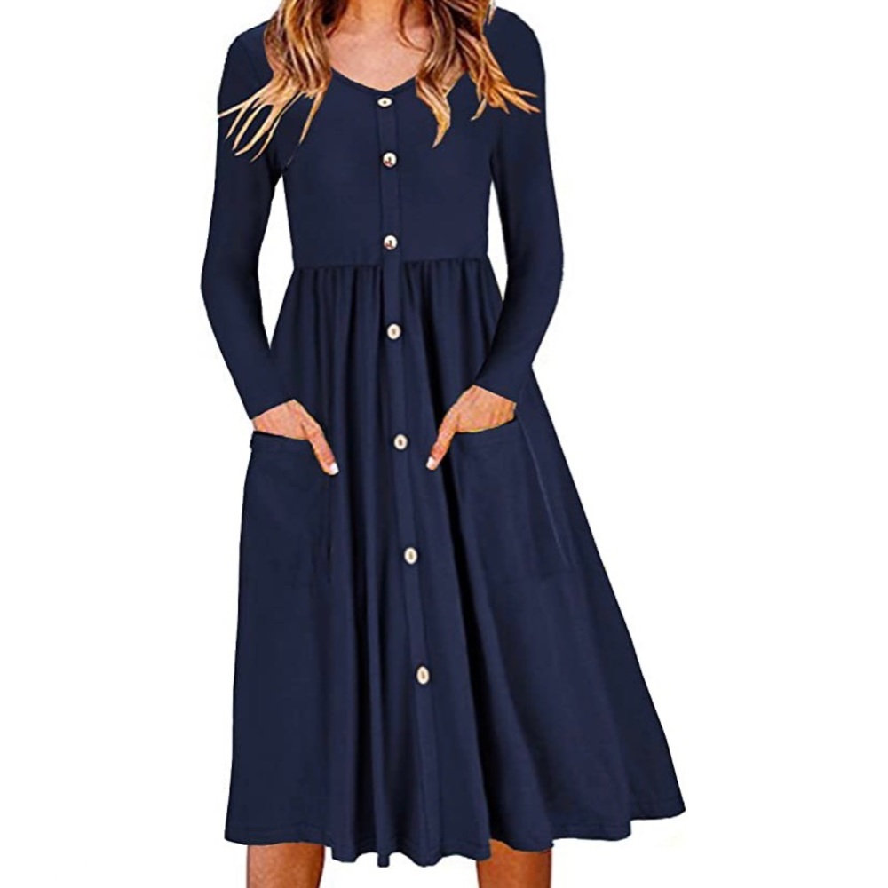 Women's V Neck Button Down Skater Dress w/ Pockets